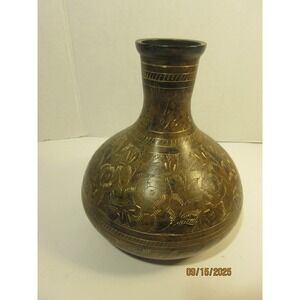 Etched Floral Brass Vase Bud Vase Decor 6.5"x5"Vintage Style Bohemian Home Decor